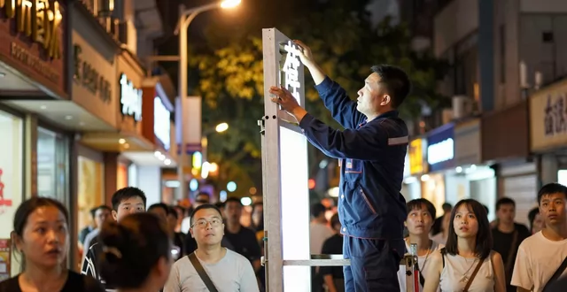 南宁招牌制作安装,晚上干活的发光字师傅真不容易